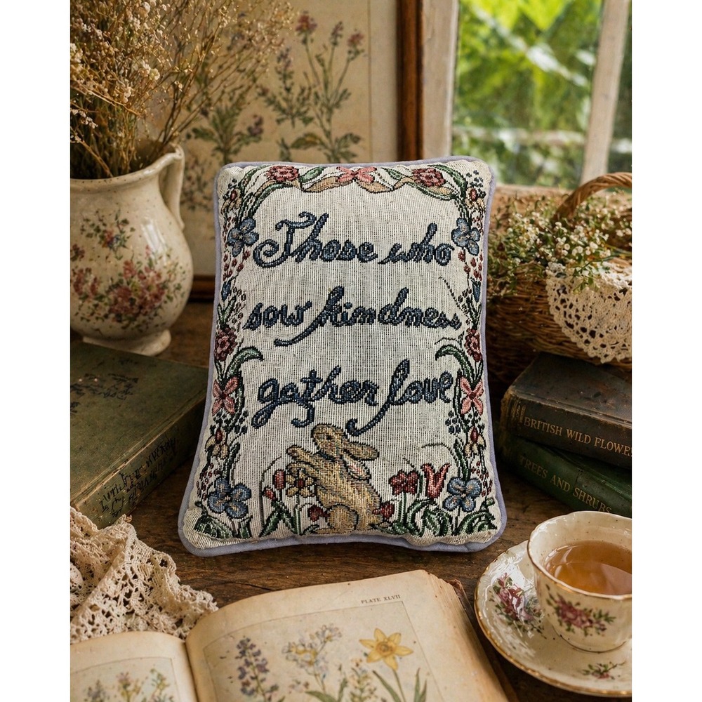 Vintage Woven Tapestry Bunny Rabbit Quote Pillow Sow Kindness Gather Love 12x9